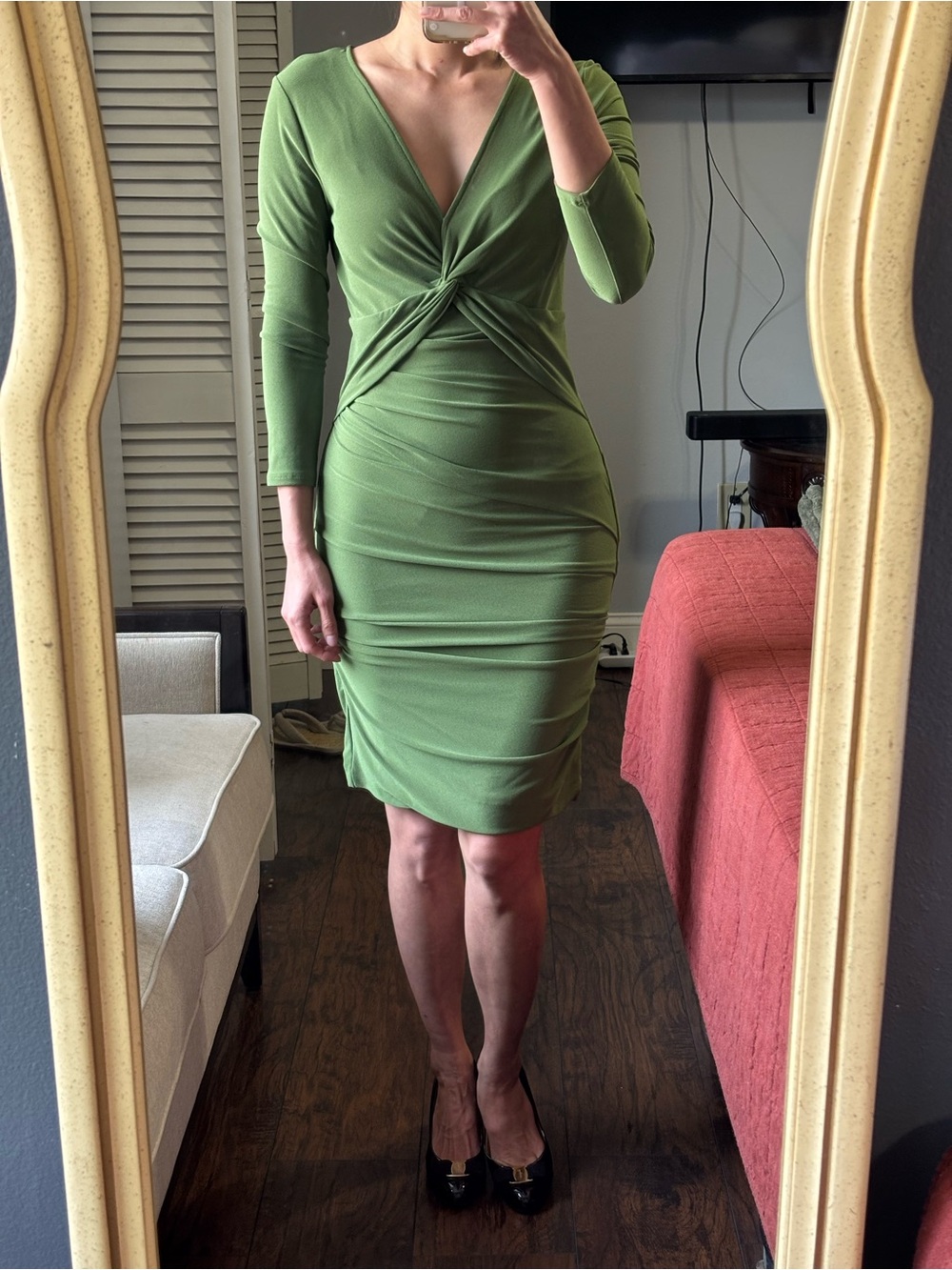BCBGMaxAzria Olive Green Twist-Front Long-Sleeve Ruched Dress
